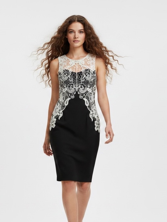 Frank Lyman Black Bodycon Dress With White Crochet Lace Overlay - Size L